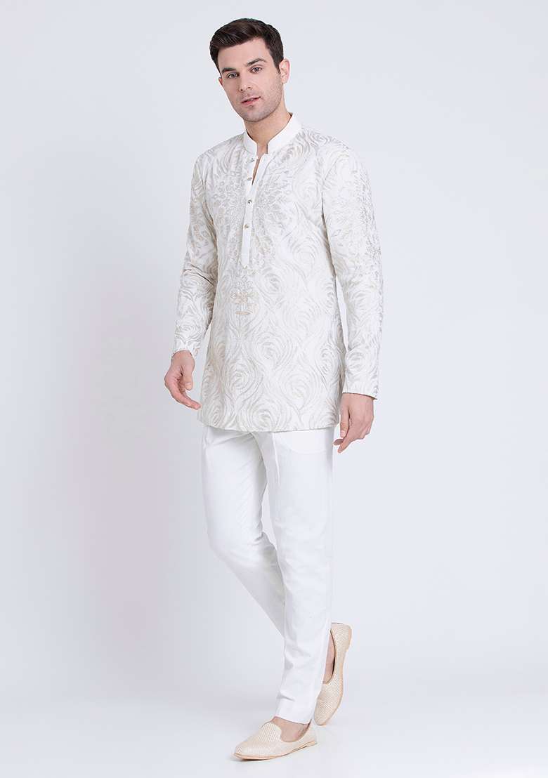 Ivory Minimalist Embroidered Linen Kurta For Men - Indya