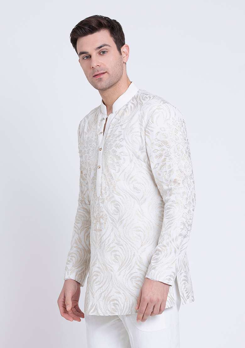 Ivory Minimalist Embroidered Linen Kurta For Men - Indya