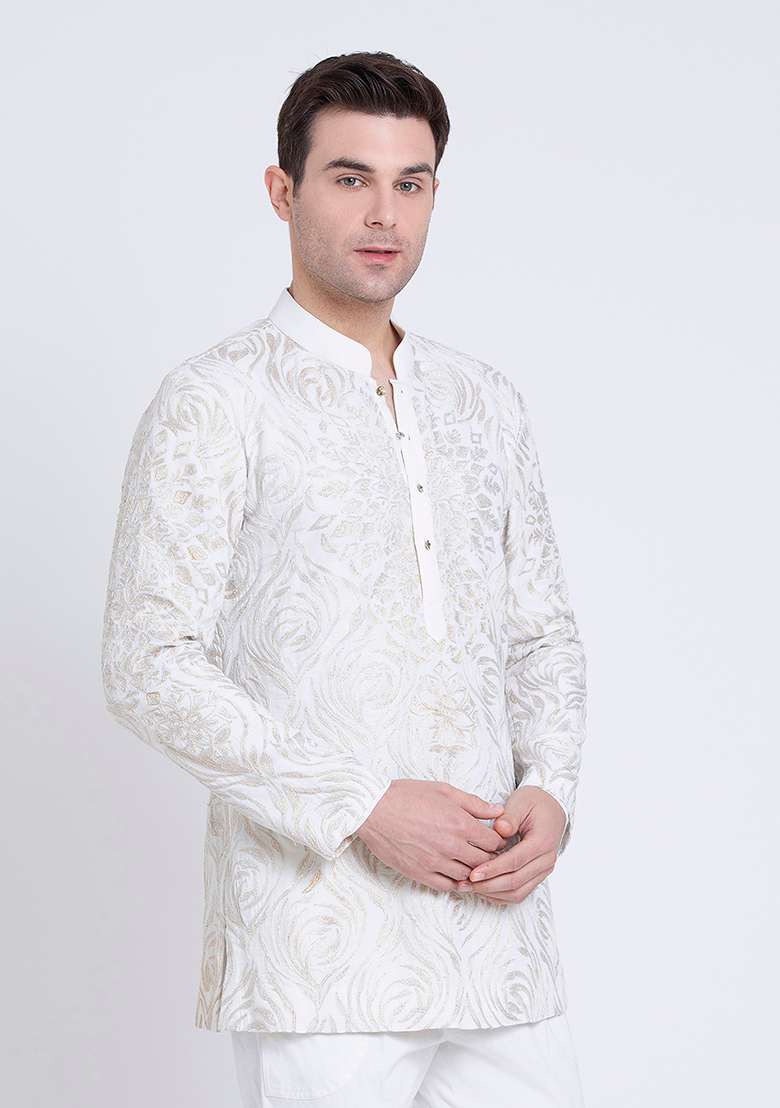 Ivory Minimalist Embroidered Linen Kurta For Men - Indya