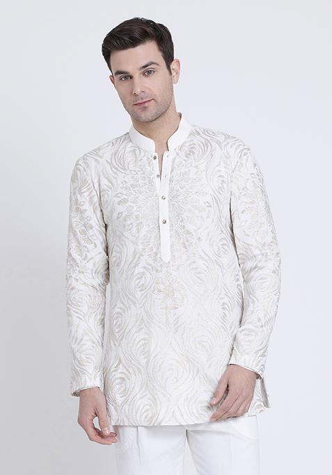 Ivory Minimalist Embroidered Linen Kurta For Men