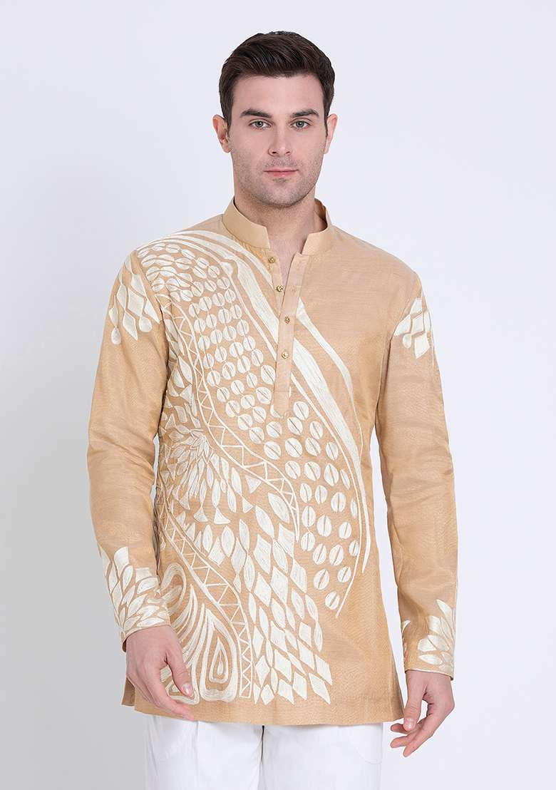 Gold Embroidered Tissue Kurta For Men - Indya