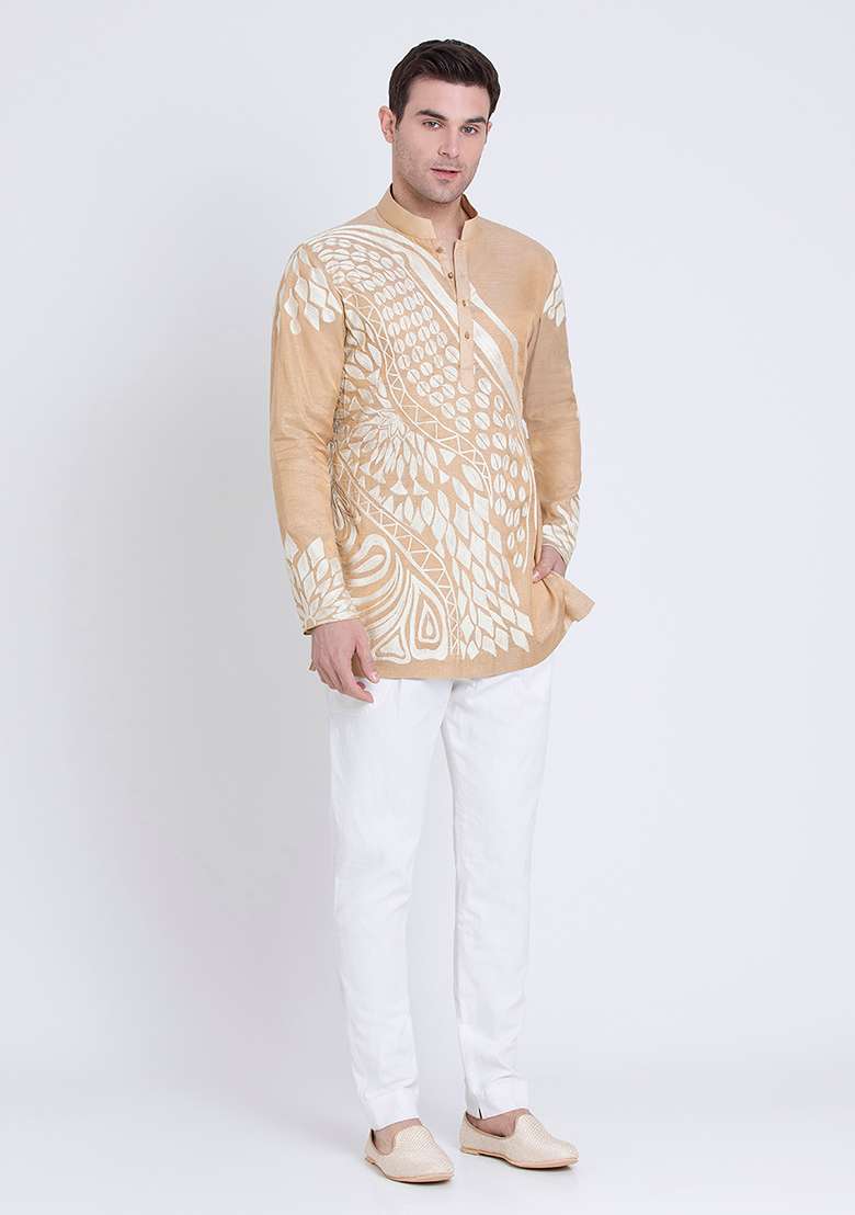Gold Embroidered Tissue Kurta For Men - Indya