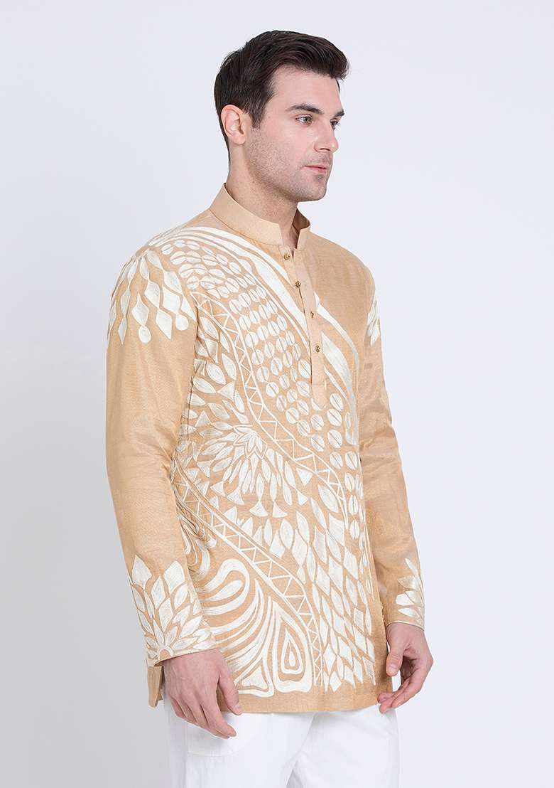 Gold Embroidered Tissue Kurta For Men - Indya