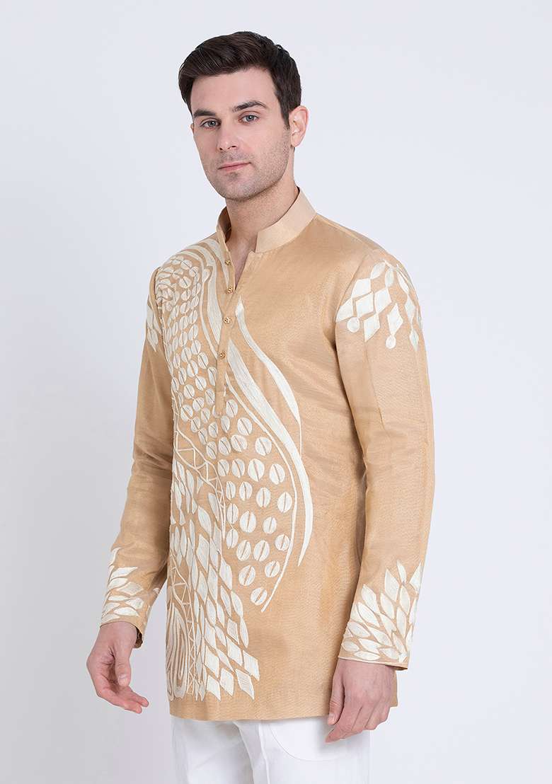 Gold Embroidered Tissue Kurta For Men - Indya