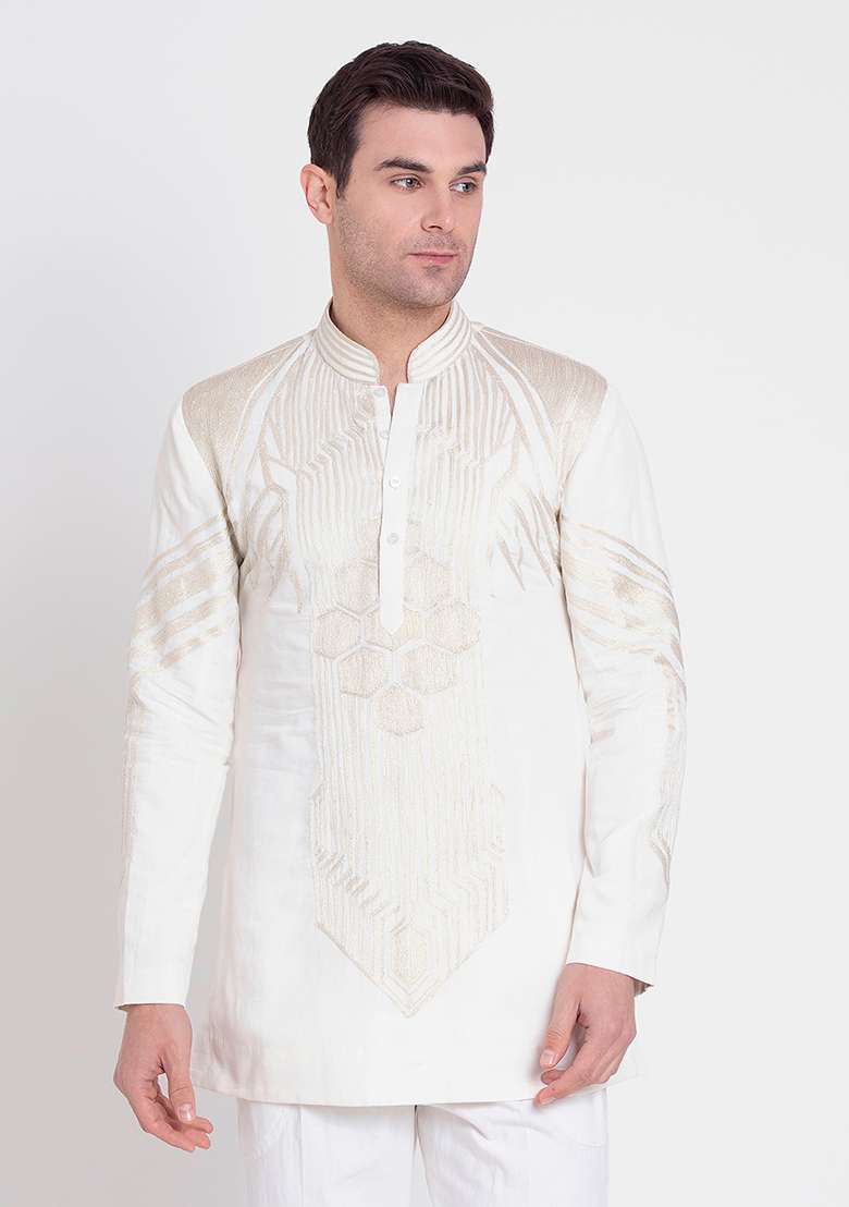 Ivory Fresh Embroidered Silk Blend Kurta For Men - Indya