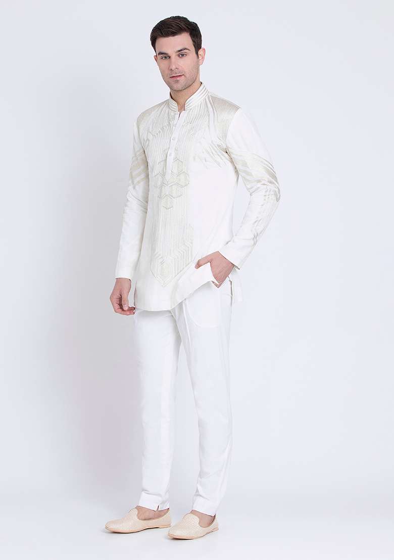 Ivory Fresh Embroidered Silk Blend Kurta For Men - Indya
