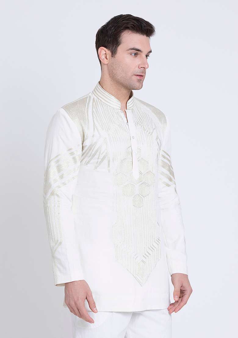 Ivory Fresh Embroidered Silk Blend Kurta For Men - Indya