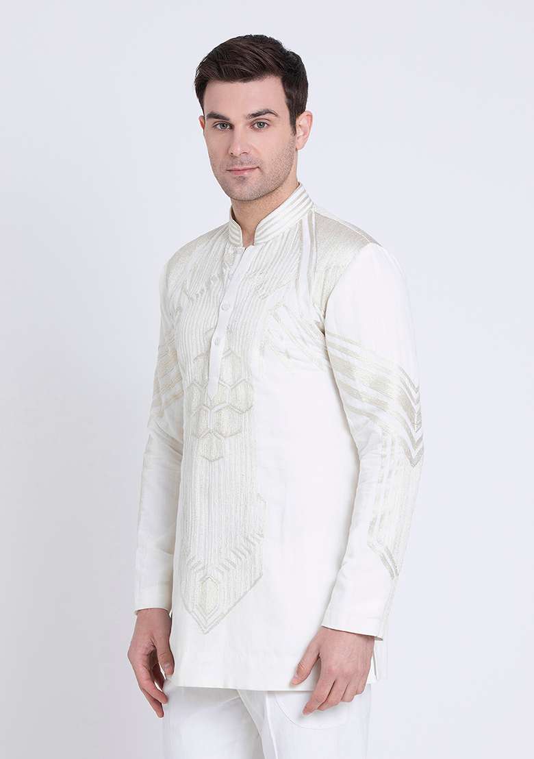 Ivory Fresh Embroidered Silk Blend Kurta For Men - Indya