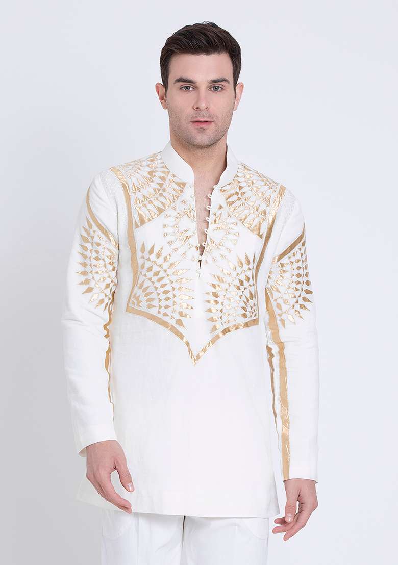 Ivory Premium Embroidered Linen Kurta For Men - Indya