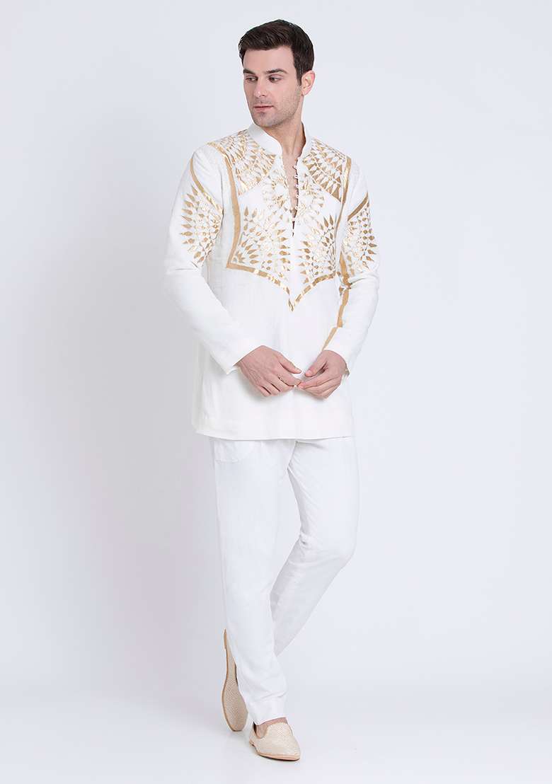 Ivory Premium Embroidered Linen Kurta For Men - Indya