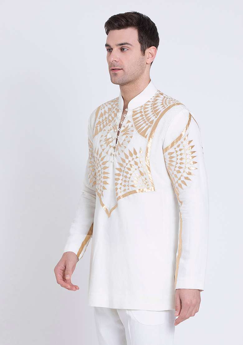 Ivory Premium Embroidered Linen Kurta For Men - Indya