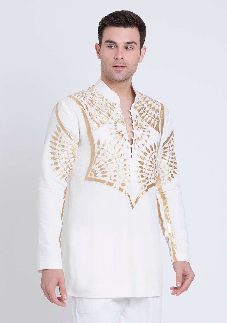 Ivory Premium Embroidered Linen Kurta For Men - Indya