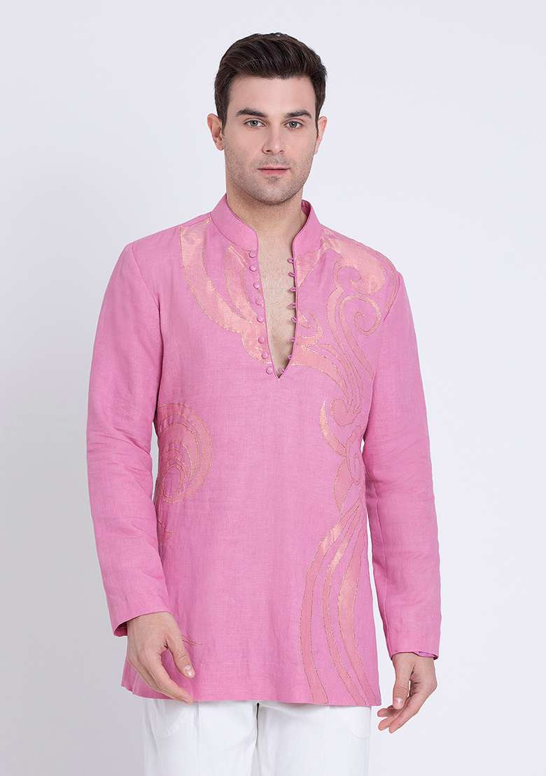 Pink Embroidered Linen Kurta For Men - Indya