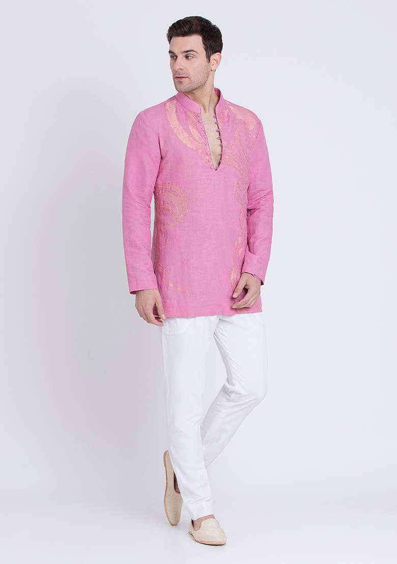 Pink Embroidered Linen Kurta For Men - Indya