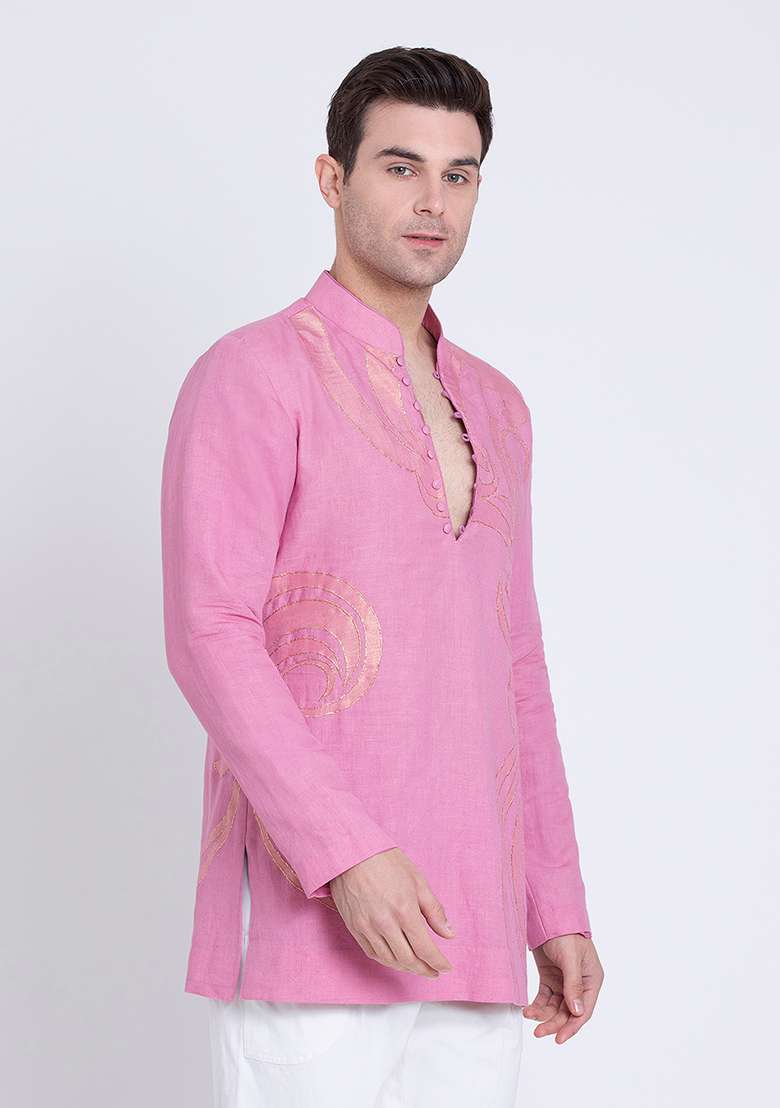 Pink Embroidered Linen Kurta For Men - Indya