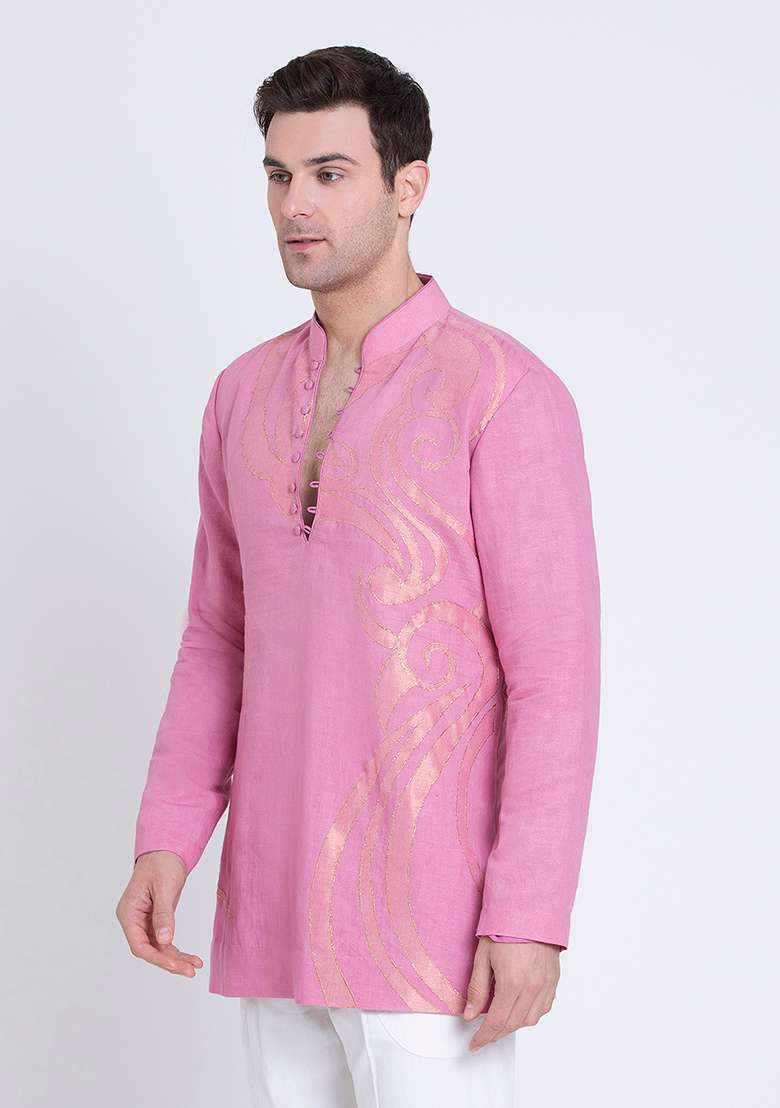 Pink Embroidered Linen Kurta For Men - Indya