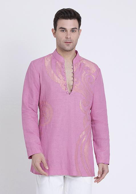 Pink Embroidered Linen Kurta For Men