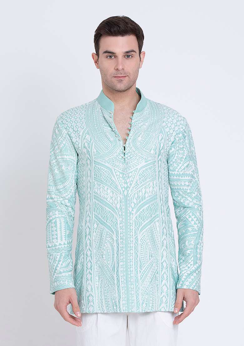 Jade Green Embroidered Silk Blend Kurta For Men - Indya