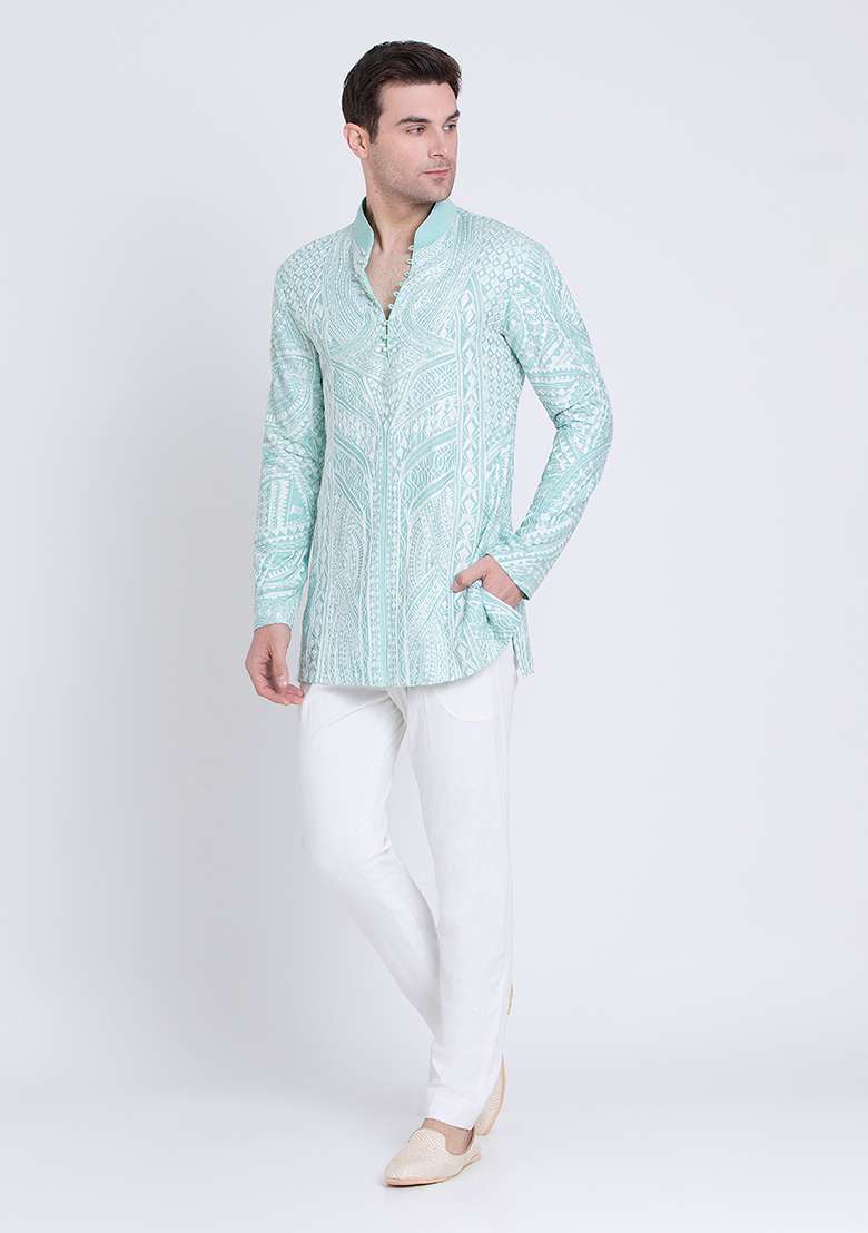 Jade Green Embroidered Silk Blend Kurta For Men - Indya