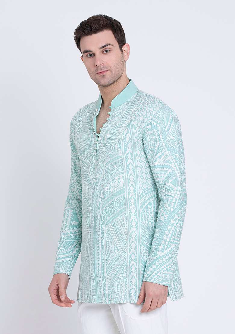 Jade Green Embroidered Silk Blend Kurta For Men - Indya