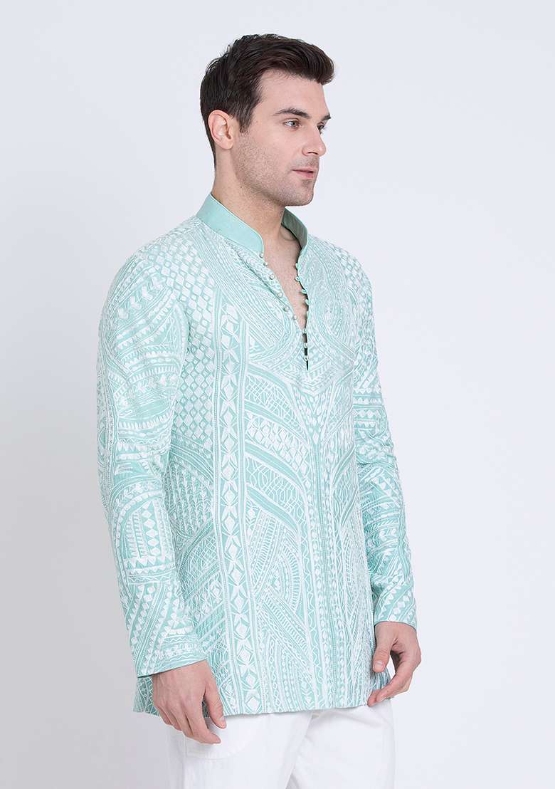 Jade Green Embroidered Silk Blend Kurta For Men - Indya
