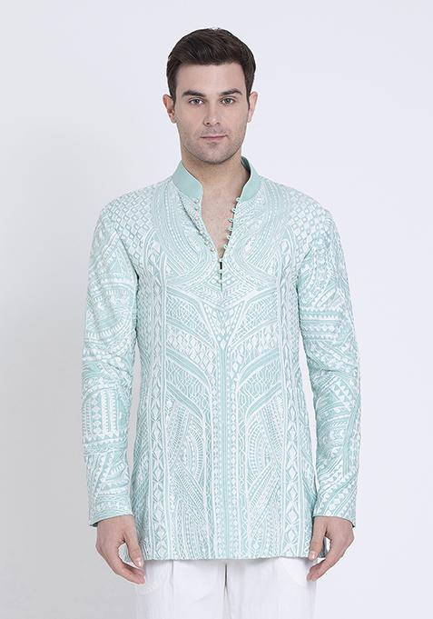 Jade Green Embroidered Silk Kurta For Men