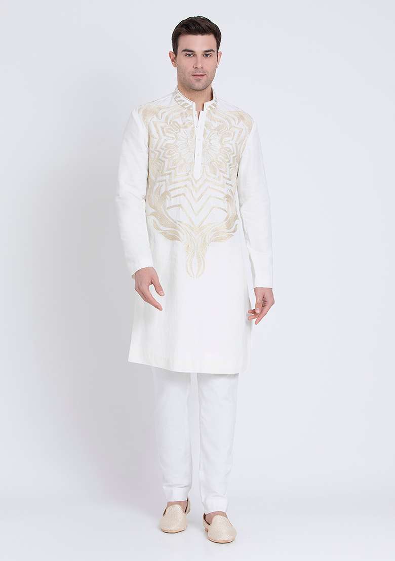 Ivory Serenity Embroidered Linen Kurta For Men - Indya