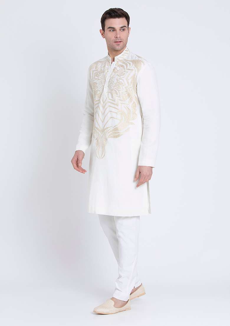 Ivory Serenity Embroidered Linen Kurta For Men - Indya
