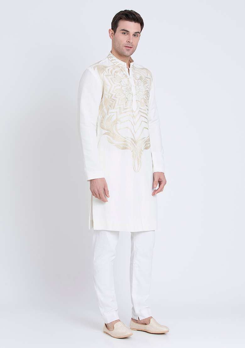 Ivory Serenity Embroidered Linen Kurta For Men - Indya