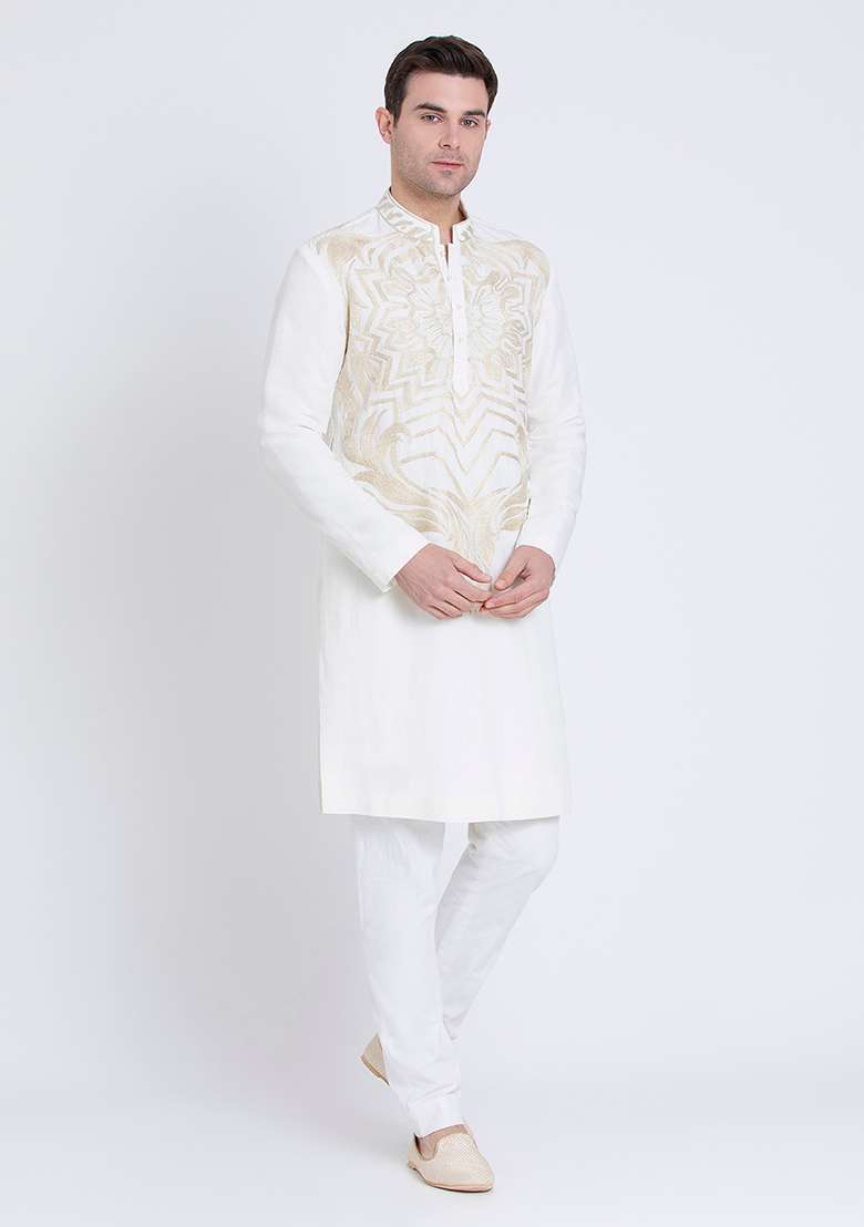 Ivory Serenity Embroidered Linen Kurta For Men - Indya