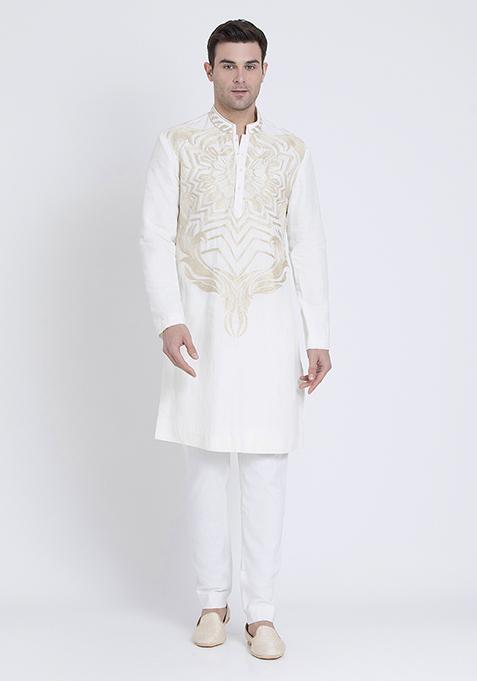 Ivory Serenity Embroidered Linen Kurta For Men