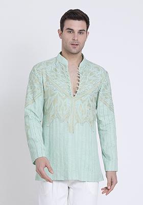 Jade Green Embroidered Linen Kurta For Men