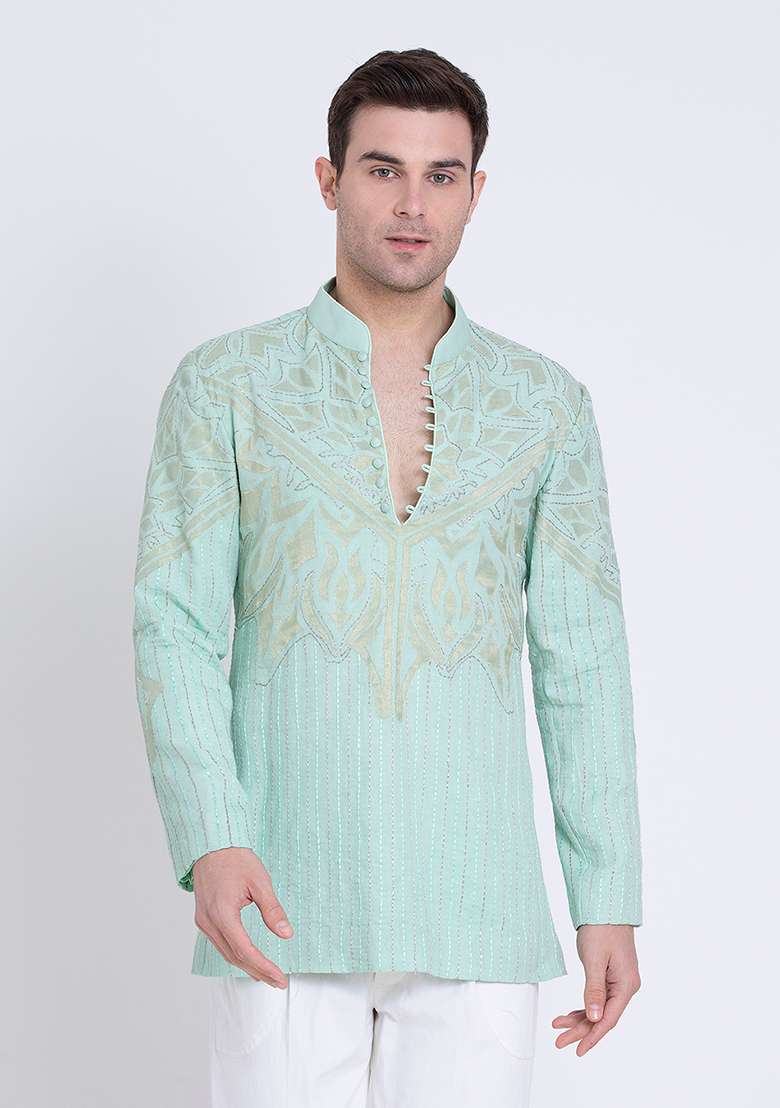 Jade Green Embroidered Linen Kurta For Men - Indya