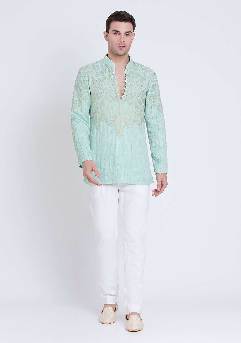 Jade Green Embroidered Linen Kurta For Men - Indya