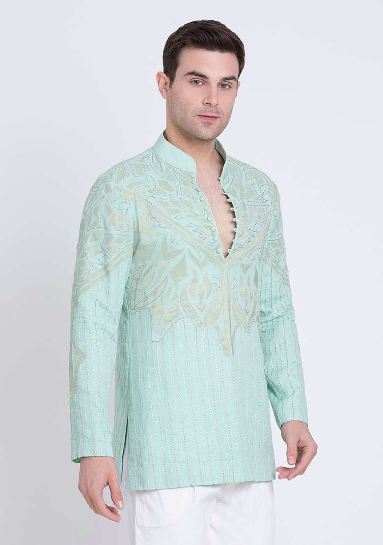 Jade Green Embroidered Linen Kurta For Men - Indya
