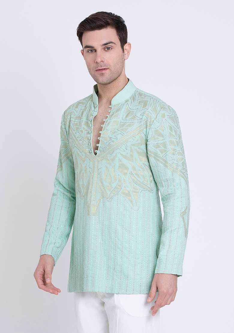 Jade Green Embroidered Linen Kurta For Men - Indya