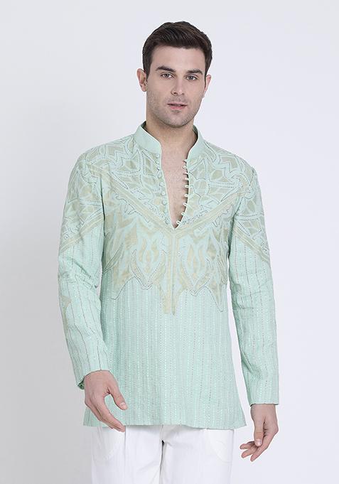 Jade Green Embroidered Linen Kurta For Men