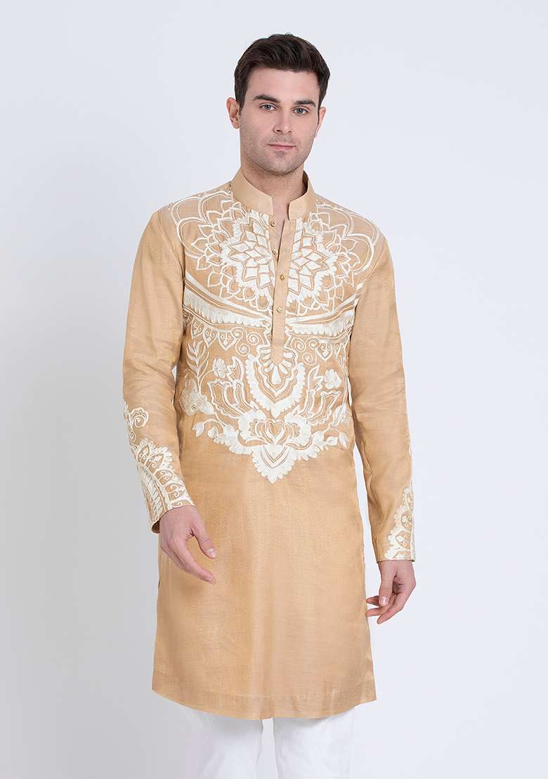Gold Timeless Embroidered Tissue Kurta For Men - Indya