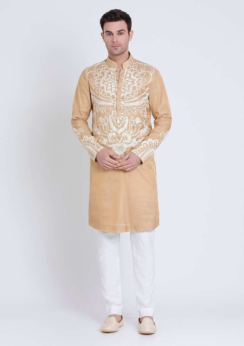Gold Timeless Embroidered Tissue Kurta For Men - Indya