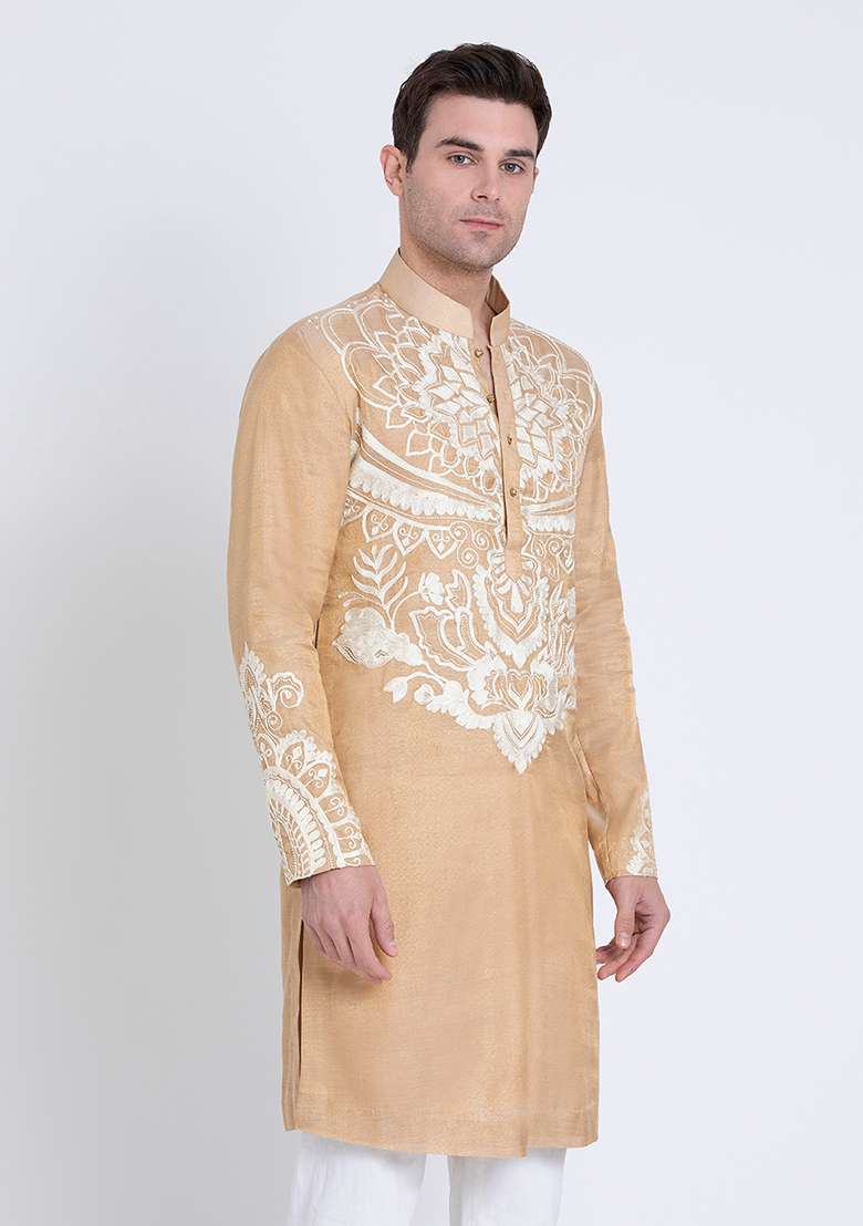 Gold Timeless Embroidered Tissue Kurta For Men - Indya