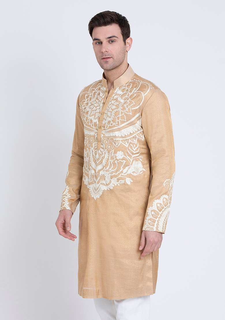 Gold Timeless Embroidered Tissue Kurta For Men - Indya