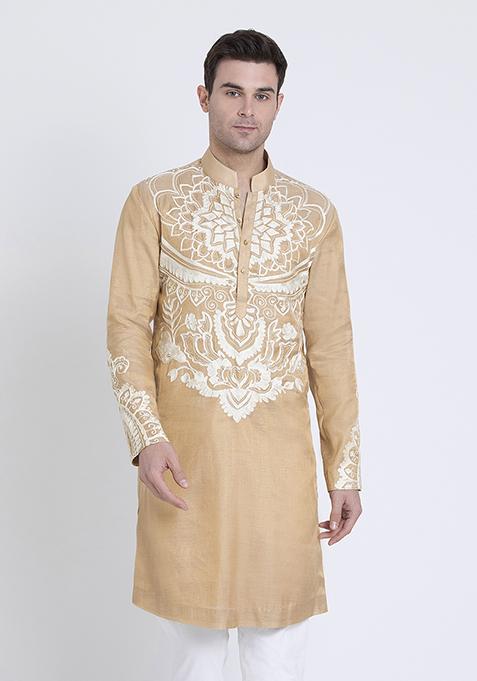 Gold Timeless Embroidered Tissue Kurta For Men