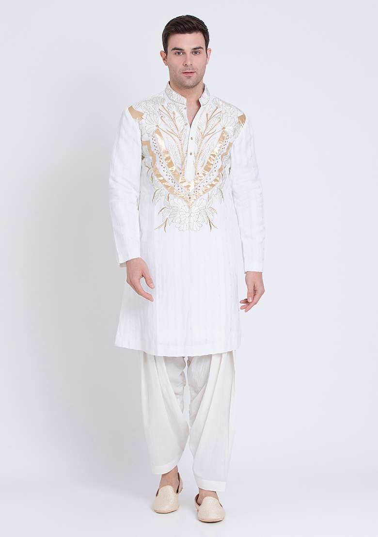 Ivory Summer Breeze Embroidered Linen Kurta For Men - Indya