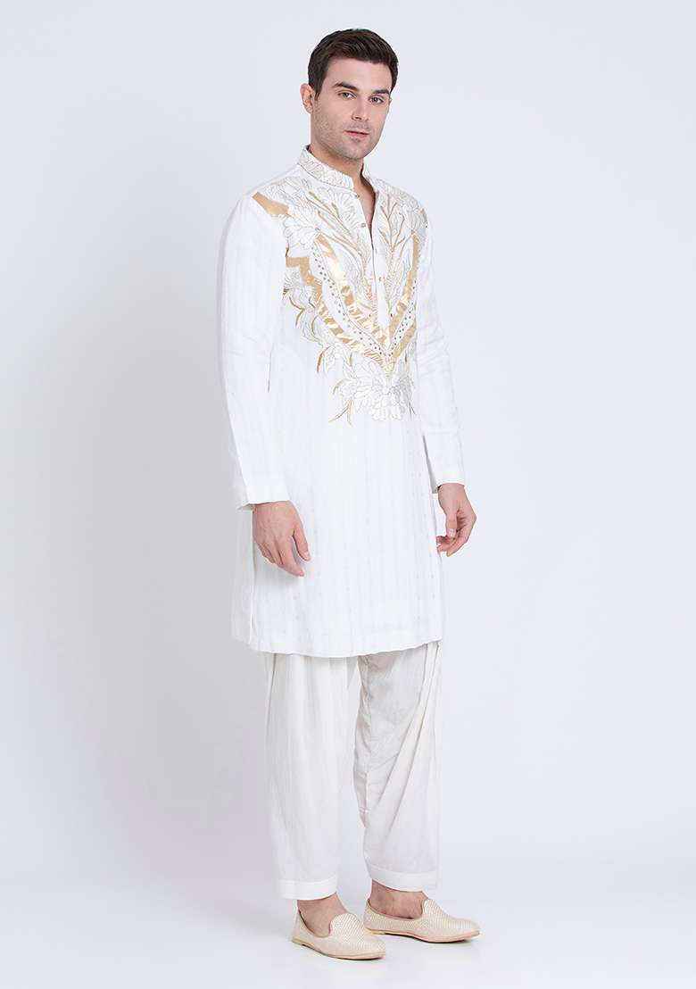 Ivory Summer Breeze Embroidered Linen Kurta For Men - Indya