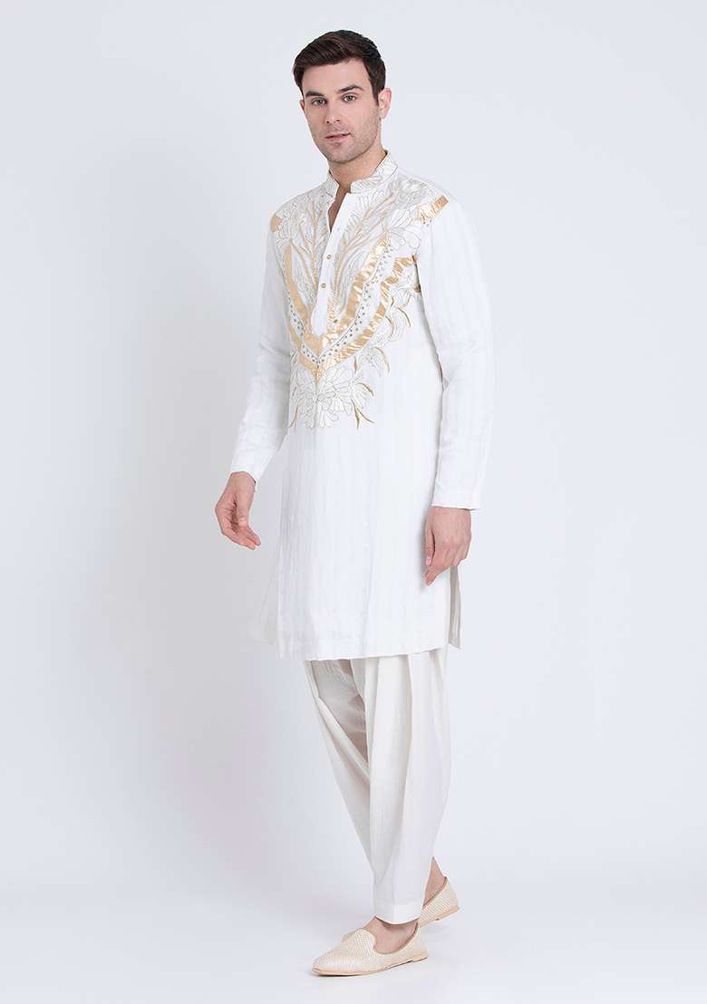 Ivory Summer Breeze Embroidered Linen Kurta For Men - Indya
