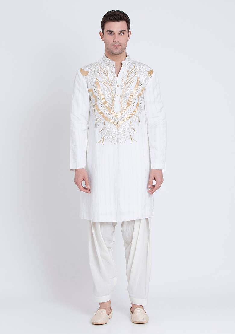 Ivory Summer Breeze Embroidered Linen Kurta For Men - Indya