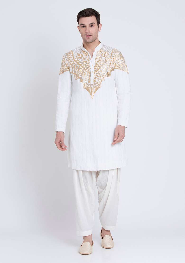 Ivory Charm Embroidered Linen Kurta For Men - Indya