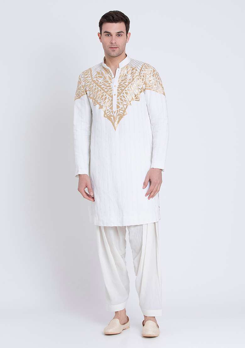Ivory Charm Embroidered Linen Kurta For Men - Indya