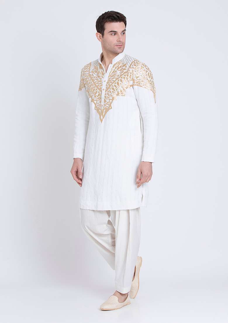 Ivory Charm Embroidered Linen Kurta For Men - Indya