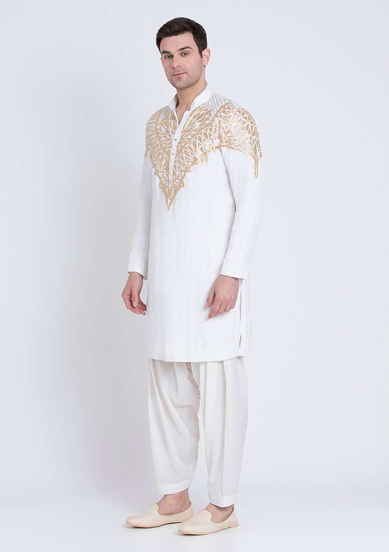 Ivory Charm Embroidered Linen Kurta For Men - Indya
